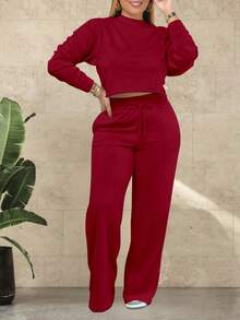 休闲户外两件套 纯色两件套 连帽两件套 优雅性感透气舒适休闲两件套 适合舞会、派对、旅行、聚会 - 酒紅色 - 查看 4