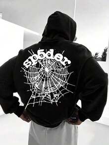 280g Polyester Fiber Men's Hooded Sweatshirt With Long Sleeved Halloween Spider Spider Web Pattern Print Fashionable And Loose Casual Fleece Sweatshirt Suitable For Autumn And Winter Wear On The Streethoodies For Men Black Hoodie For Women Men's Hoodie - 黑色 - 查看 1