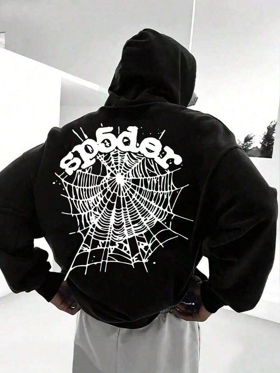 280g Polyester Fiber Men's Hooded Sweatshirt With Long Sleeved Halloween Spider Spider Web Pattern Print Fashionable And Loose Casual Fleece Sweatshirt Suitable For Autumn And Winter Wear On The Streethoodies For Men Black Hoodie For Women Men's Hoodie - 黑色 - 查看 1