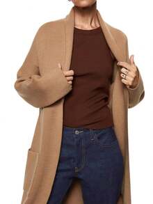 Womens Long Sleeve Maxi Cardigan Open Front Oversized Knitted Sweater Coat Casual Lapel Warm Overcoat With Pockets - 駝色 - 查看 2