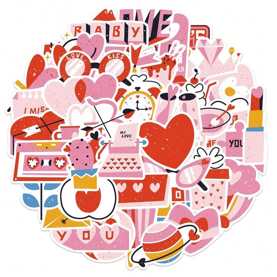50 Peças Adesivos Decorativos DIY Criativos e À Prova d'Água para o Dia dos Namorados, Adesivos de Arte Decorativa para Tablet, Computador, Caderno, Capa de Celular, Guitarra, Escrivaninha, Copo, Mala, Snowboard, Brinquedo, Decoração de Conta Manual - Multicolorido - Visão 1