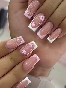 Zestaw do manicure na Walentynki z francuskim wykończeniem, gradientem, sercem, czerwoną szminką, kropkami i eleganckimi wzorami. Paznokcie, artykuły do paznokci. - Słodki róż - Zobacz 8