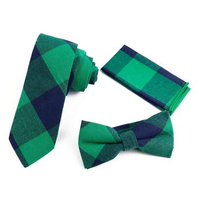 ZLQ&GOU Set de 3 piezas de corbata de algodón a cuadros verdes para hombres, que incluye corbata, pañuelo y pajarita, accesorios de vestir de estilo universitario