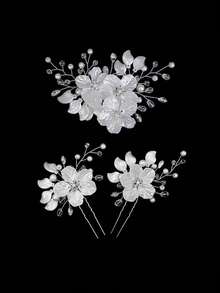 三件套大花朵新娘婚礼发夹，水晶珍珠发夹，头饰，新娘发饰，珠宝，钻石镶嵌，闪亮浮雕，白色花朵