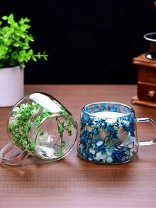 1pc Double Layer Glass Cup With Real Flowers, High-Quality Creative Home Coffee Mug With Handle, Gift - Multicolor - View 2