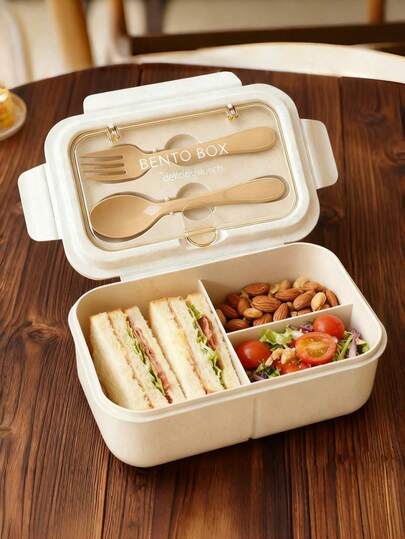 1 pieza Caja Bento Multifuncional - Fiambrera a prueba de fugas con tenedor y cuchara, adecuada para la escuela, la oficina, los viajes, regalos navideños - Unisex, microondas, almuerzo estudiantil, recipiente portátil, fiambrera reutilizable, accesorios y almacenamiento de cocina