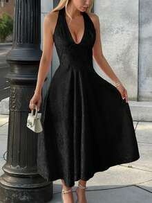 Unadoll 女士性感露背吊带连衣裙,3D提花面料,优雅款式,适合晚宴、约会、学校开学典礼、鸡尾酒会、婚礼、圣诞节、感恩节等场合。 - 黑色 - 查看 7