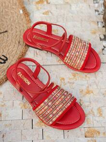 Sandal nữ phong cách Bohemian đi biển, quai thun, chất liệu vải dệt, quai chéo trang trí kim loại, đế bằng, hở mũi, màu trơn, thời trang, thanh lịch, thoải mái, sang trọng cho mùa xuân/hè. - Đỏ - Xem 10