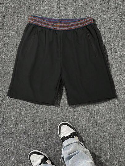 Men's Summer Casual Solid Color Breathable Sports Shorts With Zipper Pockets