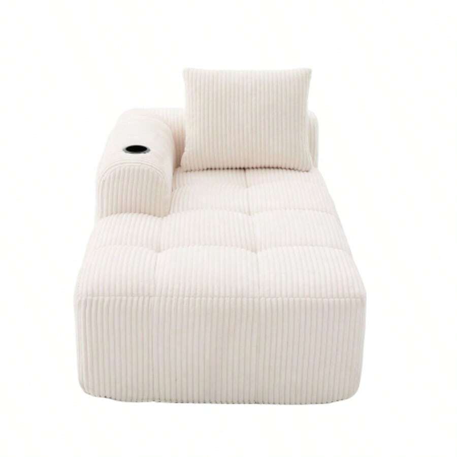 Comfortable Reclining Corduroy Sofa - No Assembly Required, Plush Sofa With Back Cushions, Side Storage Pocket For Remote Control And Mobile Phone, Built-In Cup Holder - Neat And Aesthetic. - 米色 - 查看 1