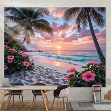 O plajă tropicală cu un fundal luminos de palmieri albaștri și linia de coastă a plajei este foarte potrivită pentru bannere decorative pentru fotografie de interior și exterior și teme de coastă, cu diverse stiluri și dimensiuni din care puteți alege. - Multicolor - Vizualizare 5