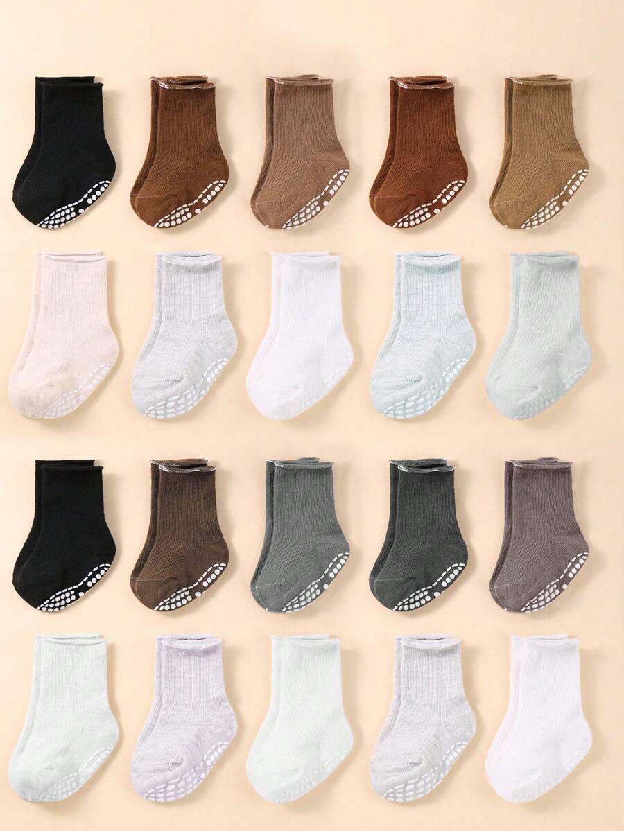 12/6/1 双装婴儿中性色防滑袜，纯色中筒袜，男女宝宝均适用，防滑、弹性好、不勒脚，采用柔软舒适的面料制成。婴儿袜、新生儿袜、幼儿袜、短袜 - 彩色 - 查看 1
