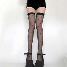 1 Pair-Exquisite Sweetheart Pure White Over-The-Knee Socks | Heart Pattern Thin Transparent Casual High-Top Pantyhose, Fabric, Care Instructions: Hand Wash Or Professional Dry Clean - 黑色 - 查看 3