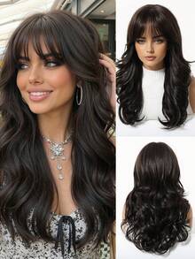 20-Inch Medium Length Black Wig, Women's Curly With Bangs, Made Of Heat-Resistant Synthetic Fiber, Perfect For New Year And Everyday Parties - 黑色 - 查看 6