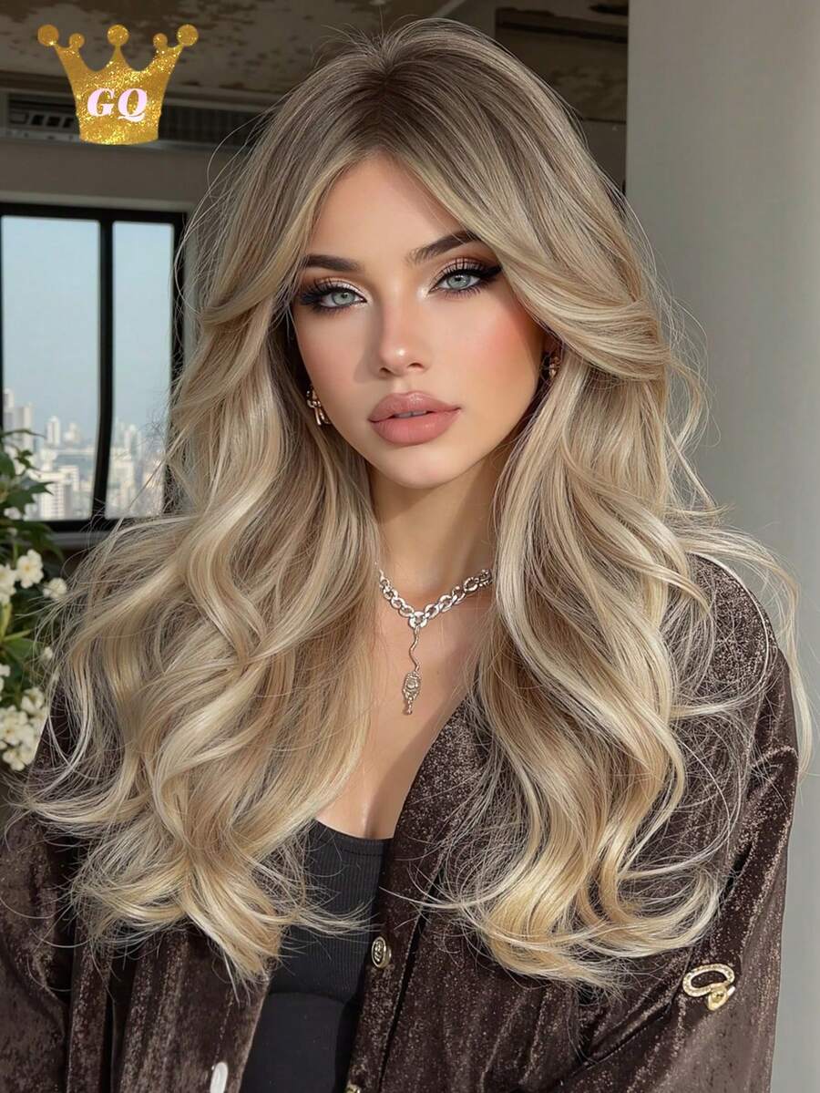 20-Inch Medium Length Ombre Golden Wig, Women's Curly With Bangs, Made Of Heat-Resistant Synthetic Fiber, Perfect For New Year And Everyday Parties - 金色 - 查看 1