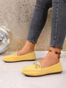 2025Women's Spring New ArrivalTrendsGold Chain Elegant Slip-On Loafers,Lightweight, Comfortable, VersatileRubber Flat Shoes - Yellow - View 15