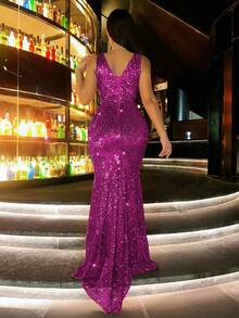 CHOSMO 新款纯色闪亮优雅亮片露背女装，适合婚礼、派对、生日、周年纪念、毕业典礼、音乐节、假日、鸡尾酒会、正式晚宴、拍照、舞会、旅行、舞台表演和音乐会等场合，春季第四季度 - 玫紅色 - 查看 3
