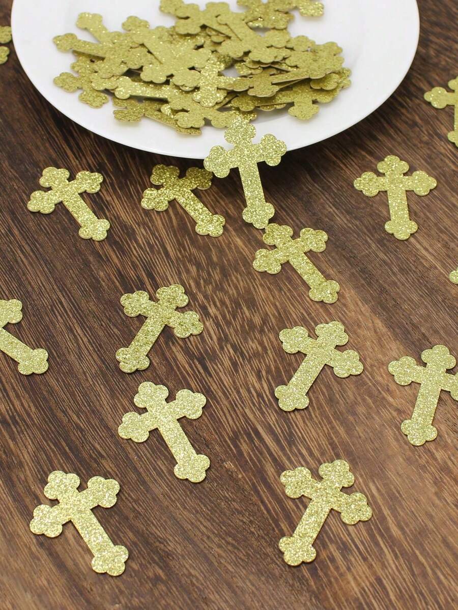 50pcs Gold Cross Glitter Confetti, Suitable For Baptism, Communion, Naming Ceremony, Baby Shower, Table Decoration - Gold - View 1