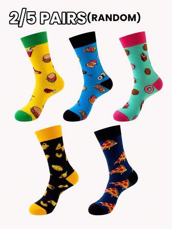2/5 Pairs Unisex Cartoon Food Print Socks, Versatile Casual Comfortable Breathable Mid-Calf Socks, Suitable For All Seasons