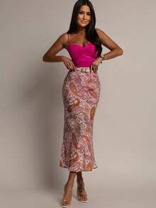 Elegant Bohemian Vacation Full-Length Cashew Flower Print Skirt - Pink - View 4