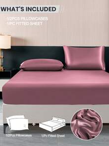 2/3pcs Solid Color Dusty Pink Satin Fitted Sheet Set Simulation Silk Fitted Sheet Set With 1pc Fitted Sheet+1/2pcs Pillow Case Without Filler, Modern Soft Bedding Set For Household King Queen Full Twin Size  Sheet Bedspread Deep Pocket Up To 11.8 Inch Breatheable Wrink-Free Better For Sleep, Machine Washable - Dusty Pink - View 2