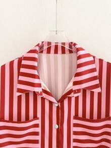 波西米亚风粉色女装，休闲条纹图案衬衫，带领，口袋短袖衬衫，宽松纽扣开衫，优雅浪漫时尚，宽松下摆上衣，新款女士开衫衬衫 - 彩色 - 查看 11