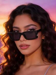 1副男女通用黑色窄框Y2K复古街头风极简时尚眼镜，适合度假佩戴 - 黑色 - 查看 5