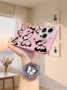 1pc Fashionable Pink IMD Glitter Phone Case, Butterfly Pattern Design, Durable And Shockproof, Compatible With IPhone 17/17 Pro/17 Max/17 Air/16/15/14/13/12/11, S25, OPPO, Vivo, Redmi, Transsion Series - Pink - View 5