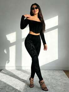 Edgy Gothic Punk Floral  Jacquard Velvet Leggings-Unleash Your Dark Style - màu đen - Xem 4