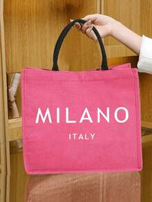 Linen Tote Bag And A Small Bag,Yoga Storage Bag, Including A "Milano Italy" Lettering Printing Tote Bag And A Printed Small Bag, Letters, Personalized Gift Package, Burlap Tote Bag