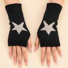 1 Pair Of Random Black And White Women's Star Print Fingerless Knit Wrist-Length Gloves With Thumb Holes, Warm And Comfortable Fabric, Y2K Style - 白色 - 查看 4