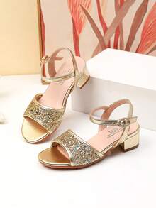 夏季新款玛丽珍高跟凉鞋、女童高跟舞蹈鞋、学生演出及日常活动凉鞋、婚鞋 - 金色 - 查看 6