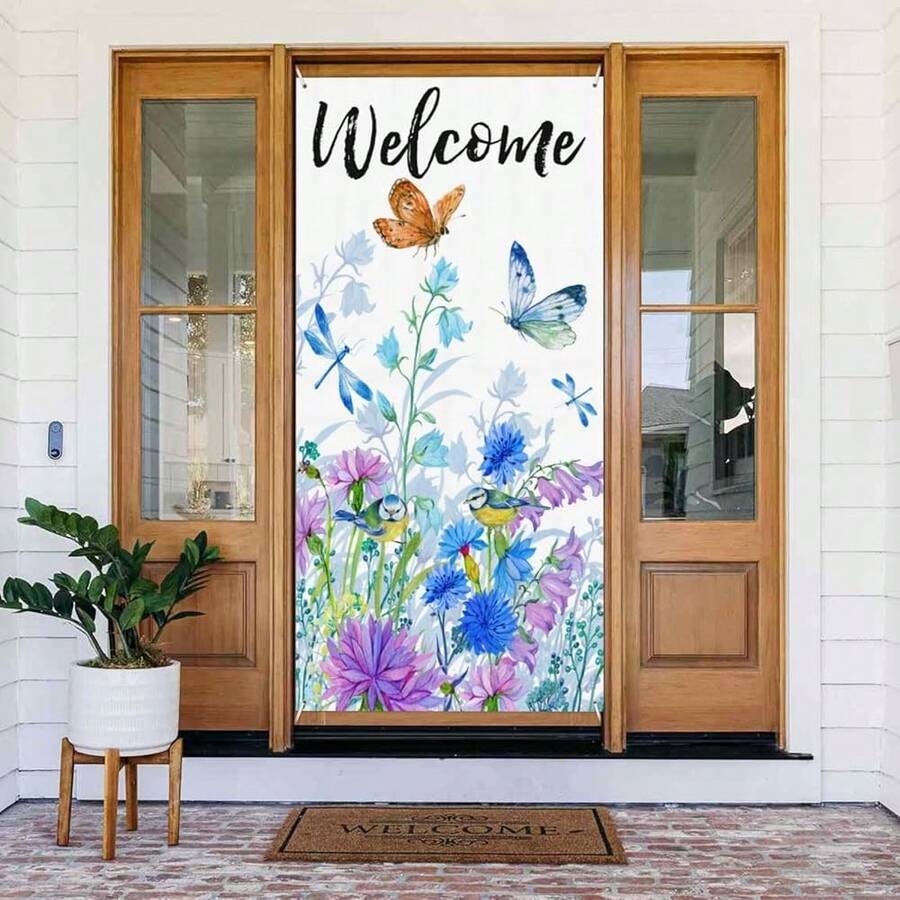 Spring Summer Welcome Door Cover Banner Decoration Bird Flower Banner Backdrop Porch Sign For Holiday Party Indoor Outdoor Décor,OneSize,SpringSummerWelcome - SpringSummerWelcome - View 1