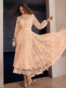 Simplee Đầm ren màu trơn mới dành cho nữ mùa xuân/hè, dáng xòe, tay dài, thanh lịch, thích hợp làm đầm dạ hội, đầm dự tiệc, đầm sinh nhật, đầm dự đám cưới, đầm tốt nghiệp. - Bụi hồng - Xem 4