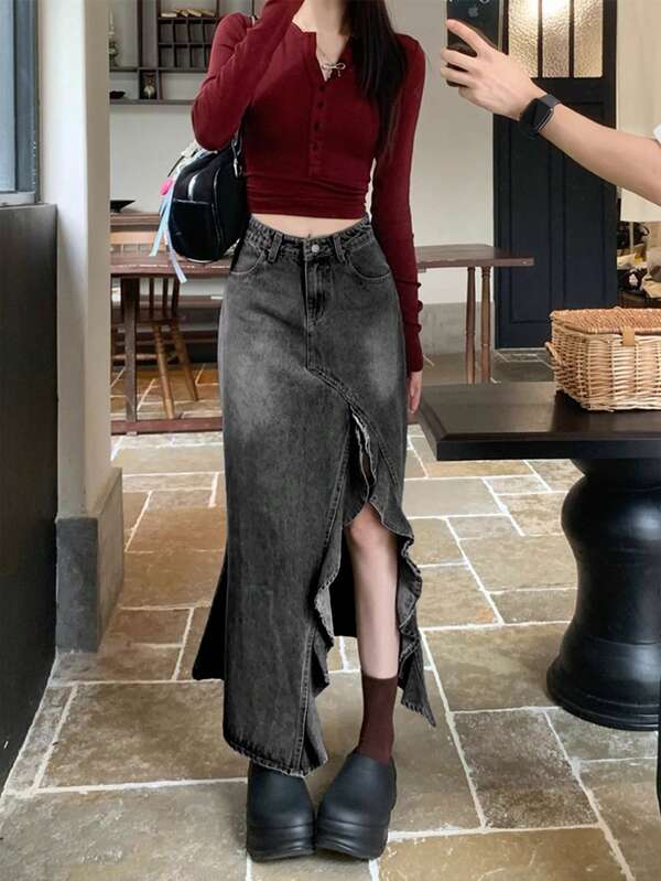 Women's Casual Solid Color Denim Pleated/Ruffle Asymmetric/Asymmetrical High Waist Fishtail Skirt