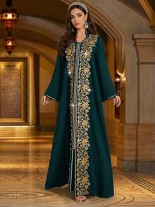 Đầm tay loe cổ chữ V, thêu họa tiết tương phản màu sắc, thích hợp cho mùa xuân. - Màu xanh lá cây đậm - Xem 6