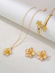 5件套复古金色花朵吊坠项链、手链、戒指、耳环首饰套装，优雅配饰，适合少女日常佩戴、节日、派对、返校礼物 - 彩色 - 查看 3