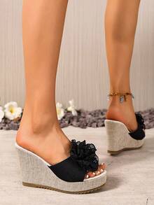 蕾丝花朵厚底坡跟凉鞋 - 夏季海滩度假休闲草编高跟凉鞋 - 黑色 - 查看 3