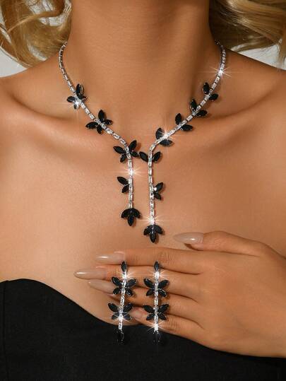 3pcs Elegant Butterfly Crystal Necklace Set For Bride, Luxury Jewelry Set, Suitable For Wedding, Birthday, Party