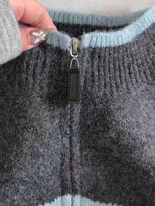 女士宽松短款毛衣，休闲舒适花卉印花拼色针织上衣，秋冬 - 灰色 - 查看 4