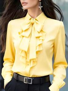 Áo sơ mi nữ dài tay thanh lịch, màu vàng, cổ buộc dây với chi tiết bèo nhún và nơ, kiểu dáng vừa vặn, thích hợp cho công sở, mùa xuân, mùa thu. - Màu vàng - Xem 3
