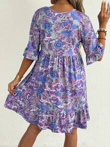 Women's V Neck Floral Print Ruffle Hem Tiered Midi Dress | Bohemian Casual Summer Dress - Blue - View 3