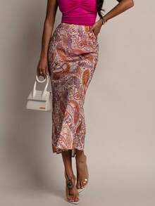 Elegant Bohemian Vacation Full-Length Cashew Flower Print Skirt - Pink - View 2