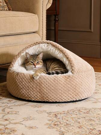 1 pieza Cama de mascota de peluche semi-cubierta, nido de mascota cálido y cómodo adecuado para mascotas pequeñas/medianas de interior, gatos y perros