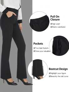 High Waisted Dress Pants For Women Bootcut Pull On Yoga Leggings Work Slacks Pockets - 黑色 - 查看 5