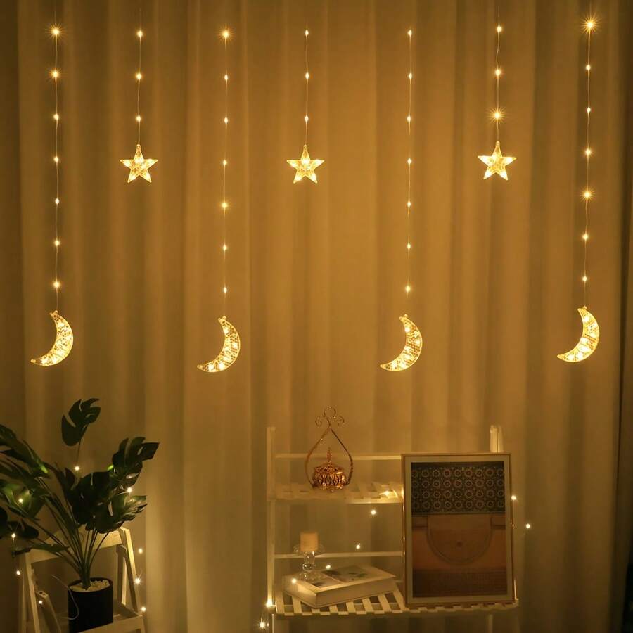 Luces de cortina de ventana con diseño de estrellas y lunas, alimentadas por batería, iluminación decorativa interior para sala de estar, dormitorio, fondo de pared, adecuadas para el Ramadán, Navidad, Día de San Valentín - Cortina de luz de noche estrellada - Ver 1