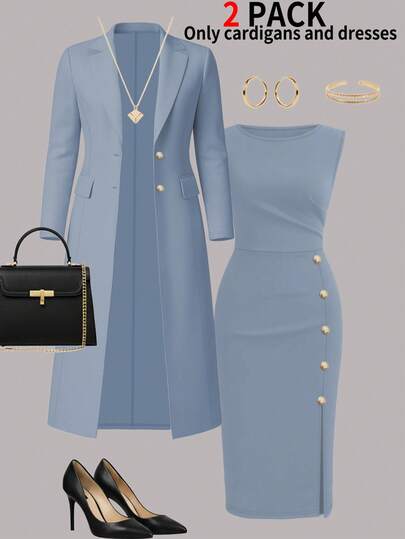 Women's Elegant 2-Piece Set, Solid Color Long Sleeve Cardigan Blazer Jacket + Sleeveless Button-Down Midi Dress, Autumn/Winter