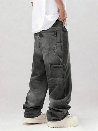 Men's Vintage Washed Denim Casual Loose Fit Multi-Pocket Wide Leg Pants, Versatile And Stylish, Suitable As Gift For Boyfriend/Husband
