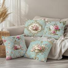 4件套复古蓝色玫瑰花卉抱枕套，单面印花桃绒面料，尺寸分别为45*45/50*50/40*40厘米，适用于现代简约沙发客厅装饰，亦可作为礼物或派对装饰。 - 彩色 - 查看 5