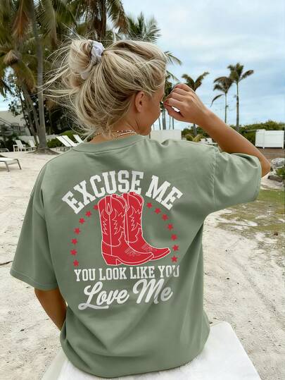 Women's Summer Street Red Boots Graphic Personalized Print Round Neck T-Shirt, Western Style Top Women's Pink Printed T-Shirt Casual